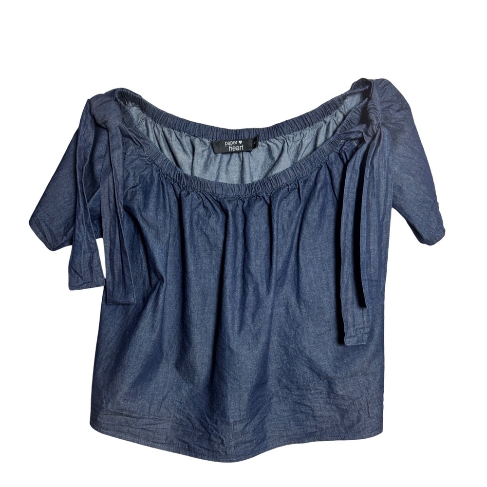 Paper Heart Blue Denim Off The Shoulder Tie Sleeve Top Cotton Chambray Small